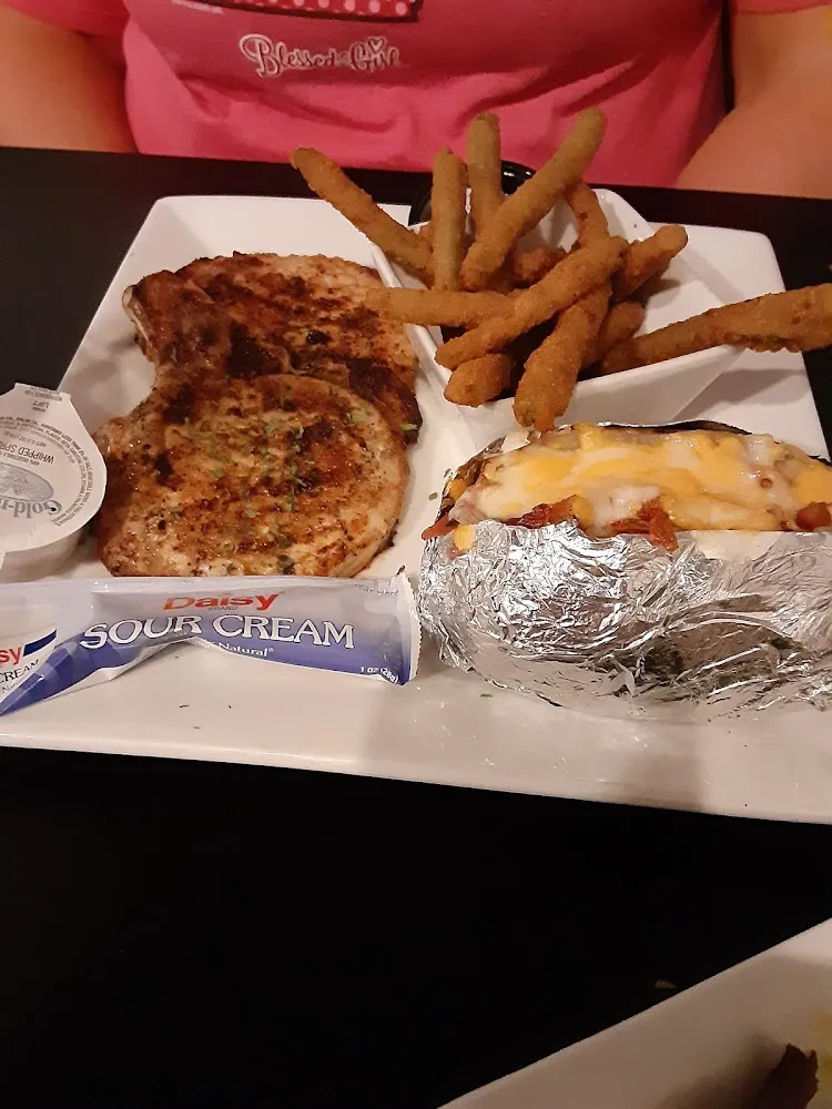 Grilled Pork Chop Loaded Baked Potato and Fried Green Beans